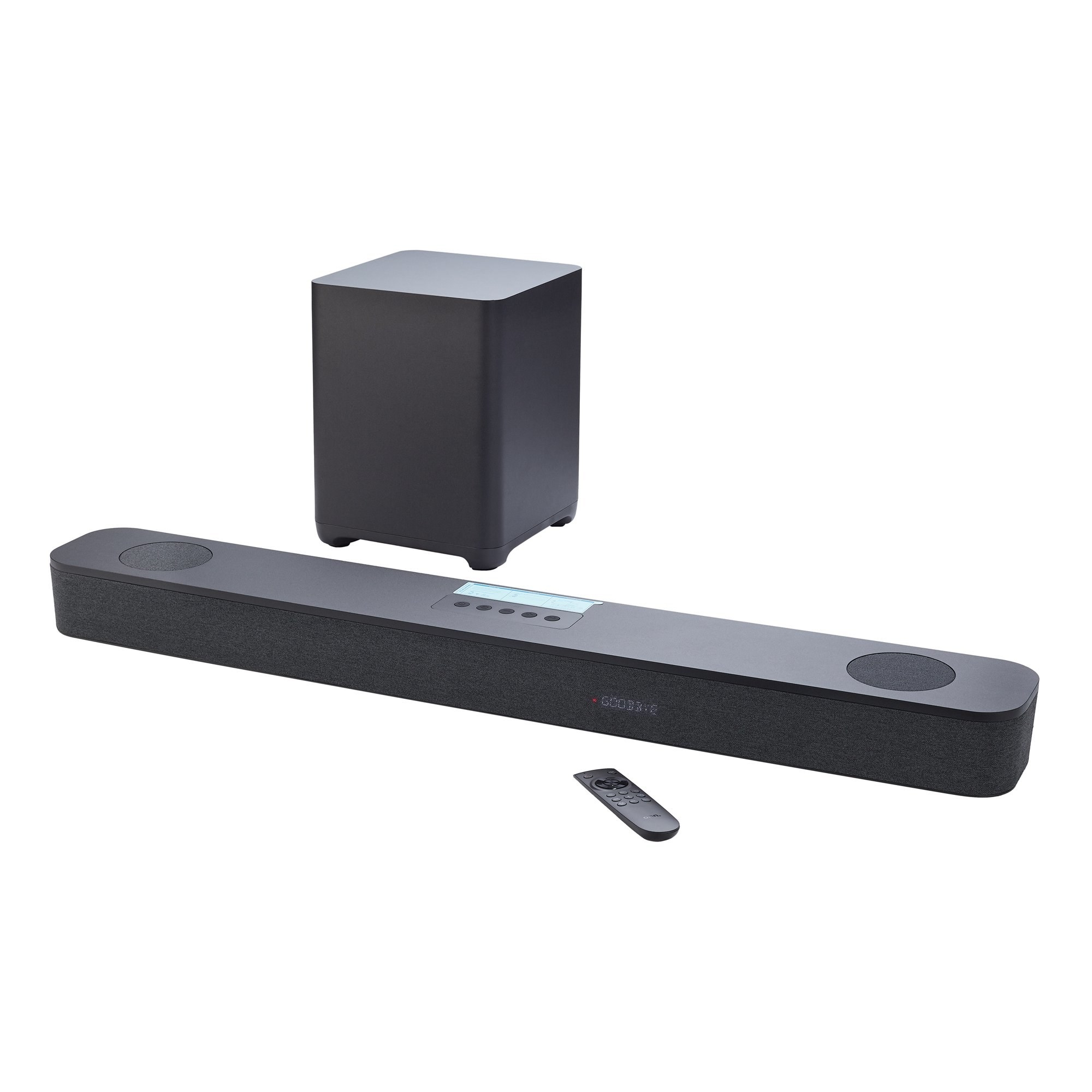 A sound bar, subwoofer, and remote control