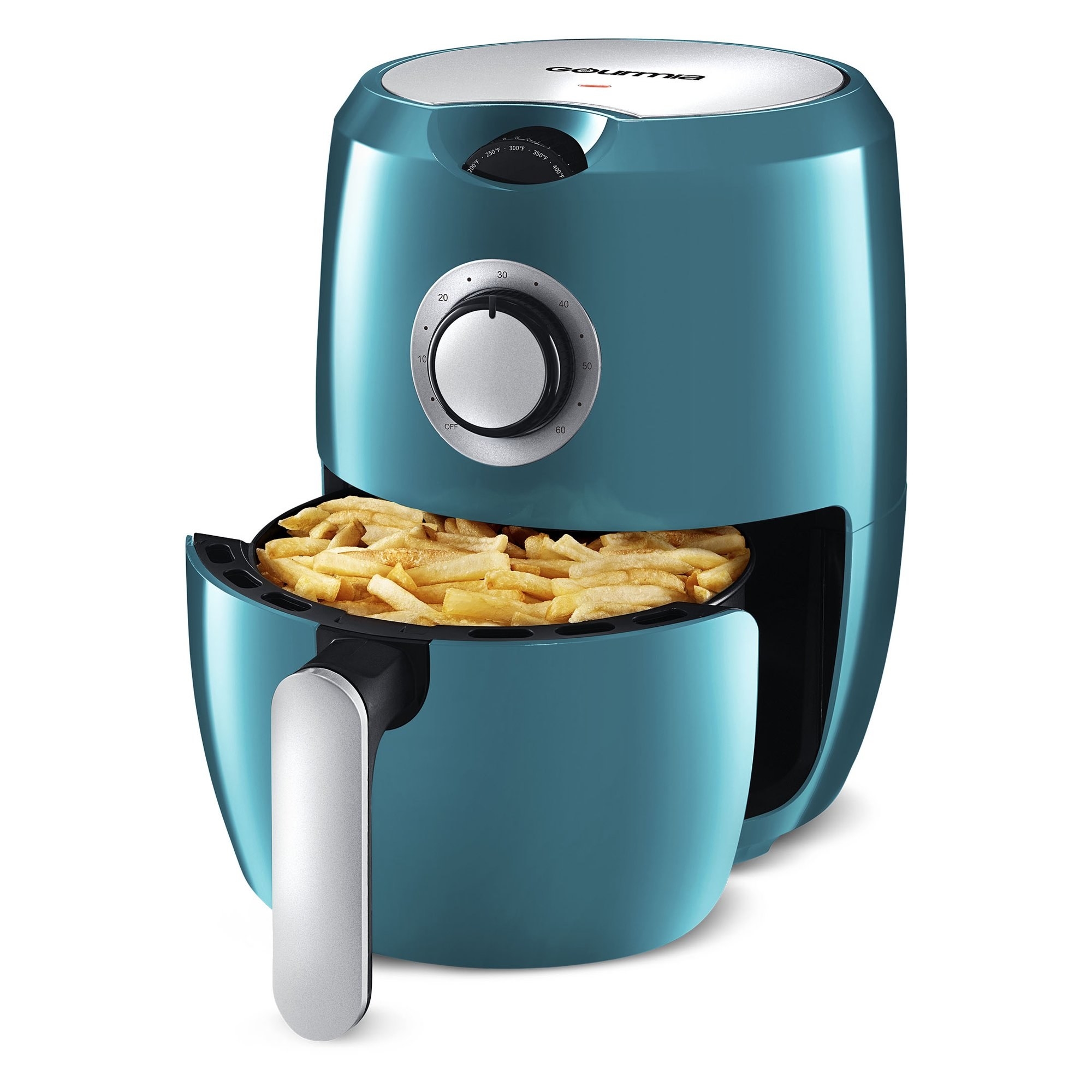 A metallic-y blue-green air fryer with the basket portion of the machine pulled out and containing french fries