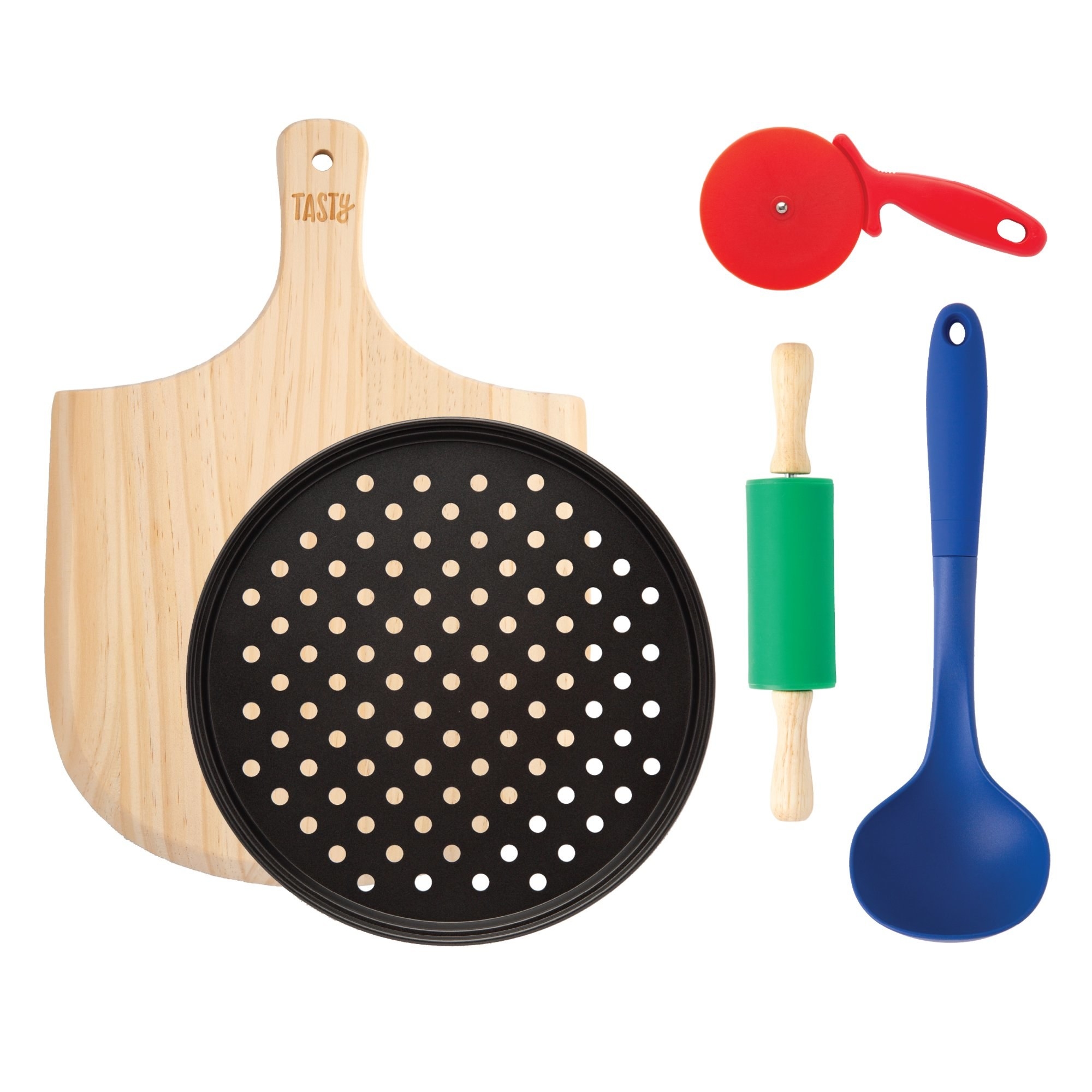 Product shot of a pizza kit that contains a silicone rolling pin, ladle, nonstick pizza pan, 10&quot;x14&quot; wood serving board, and a pizza cutter