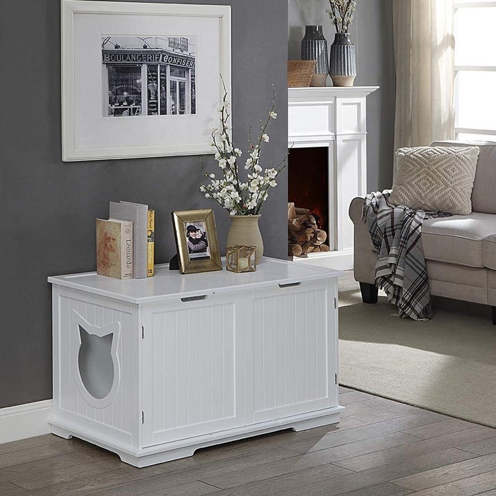 the litter box encolure in white, with books, picture frames, and flowers sitting on top