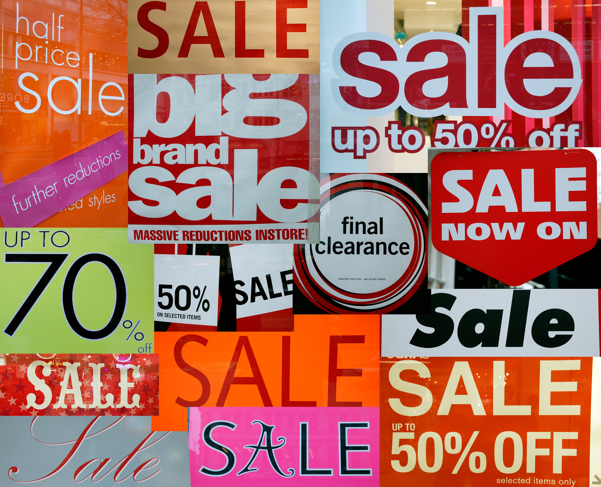 Various squares that advertise a sale.