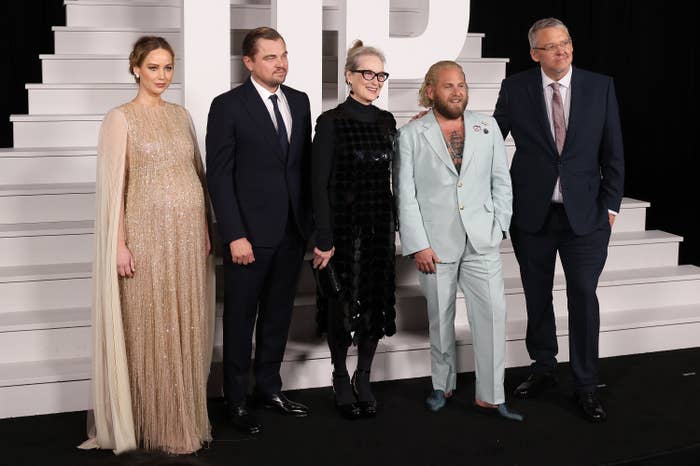 Jennifer, Leonardo, Meryl, and Jonah Hill pose on the red carpet at the premiere of their film