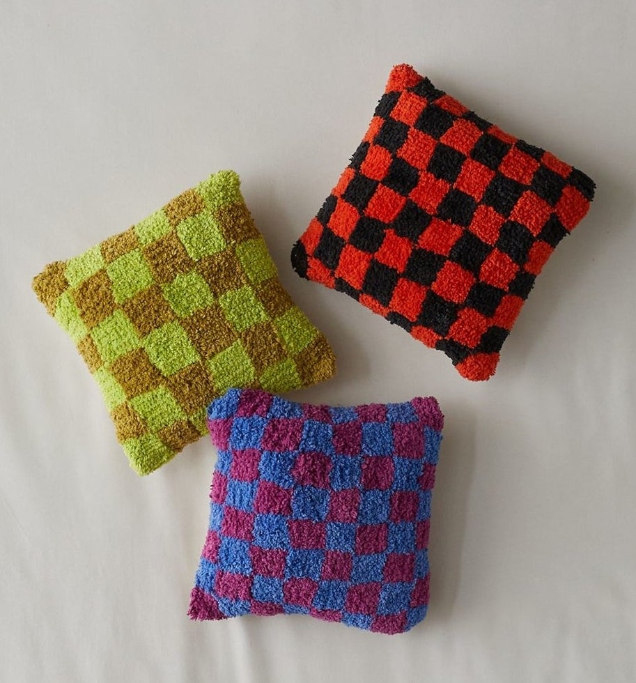 checkered tufted mini pillows in different colors