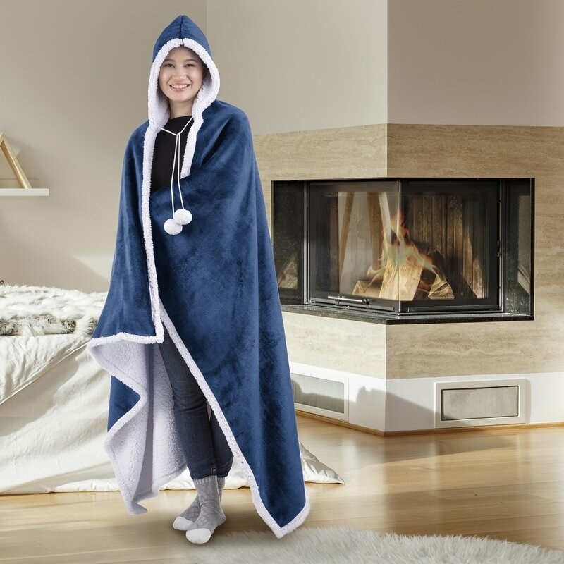The wearable hooded blanket in navy