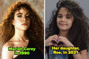 Mariah Carey in 1990; her daughter, Roe, in 2021