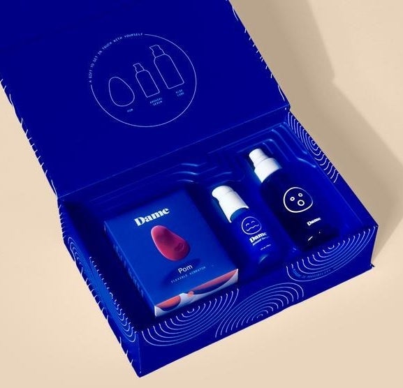 Blue gift box with components of bundle