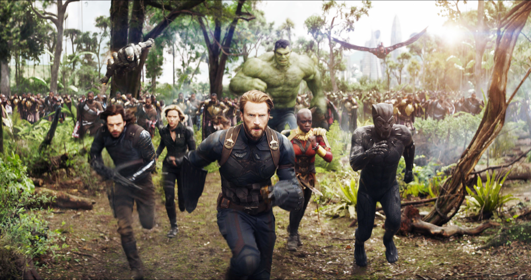 The Avengers run into battle, led by Bucky, Captain America, and Black Panther