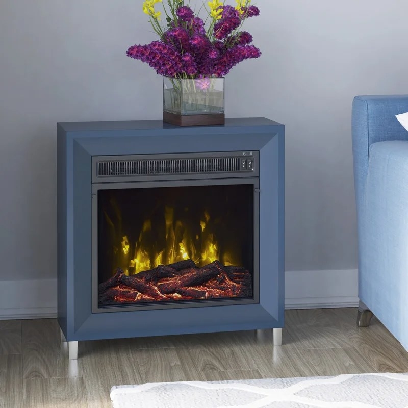 A free-standing electric fireplace