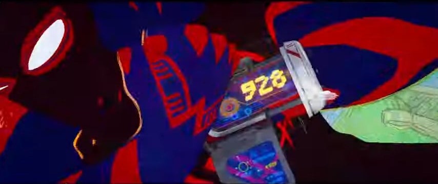 Miguel having Miles in a choke hold while activating a device on his wrist saying &quot;928&quot; in &quot;Spider-Man: Across the Spider-Verse (Part One)&quot;