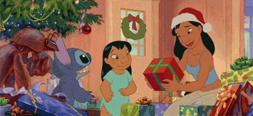 GIF of Nani Pelekai from &quot;Lilo &amp;amp; Stitch&quot; giving a gift to Stitch on Christmas
