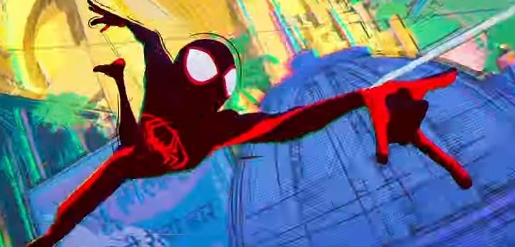 Miles swinging through a city in an alternate dimension in &quot;Spider-Man: Across the Spider Verse (Part One)&quot;