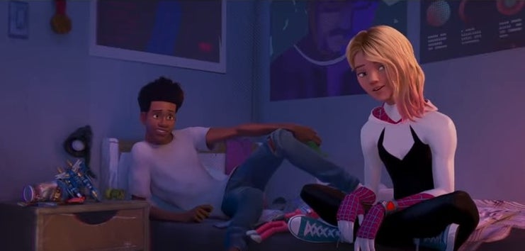 Miles sitting on his bed with Gwen in &quot;Spider-Man: Across the Spider-Verse&quot;