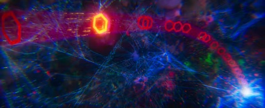 广角镜头的一系列六边形延伸通过网络生活和命运的“蜘蛛侠:整个yabo.comSpider-Verse(第一部分)“;