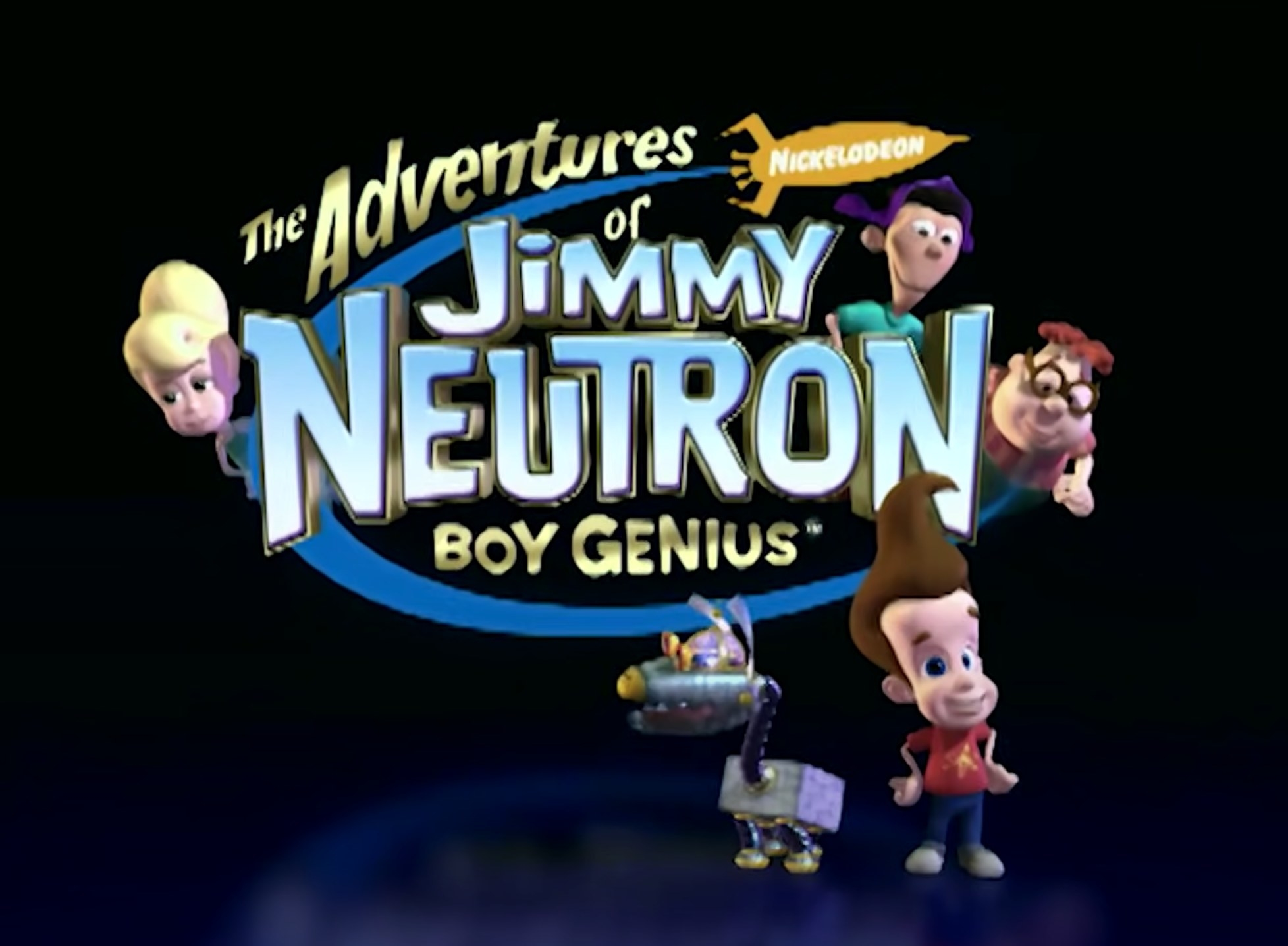 The logo of &quot;The Adventures of Jimmy Neutron, Boy Genius&quot; from the show&#x27;s intro, which shows characters Cindy Vortex, Sheen Estevez, Carl Wheezer, Jimmy Neutron, and Jimmy&#x27;s pet robot dog, Goddard