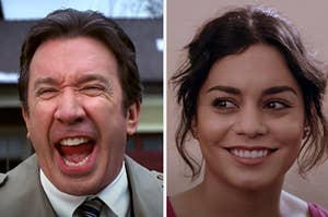 Tim Allen is on the left screaming with Vanessa Hudgens smiling on the right