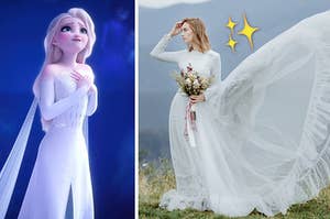 elsa on the left and a flowy white wedding dress on the right