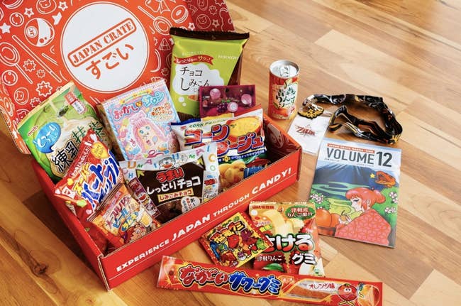 box filled with various japanese snacks and treats