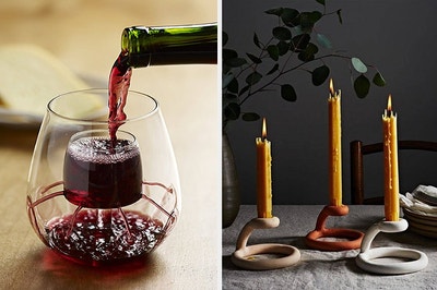 an aerating wine glass and candle stick holders