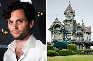penn badgley on the left and a victorian mansion on the right