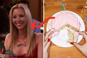 A close up of Phoebe Buffay as she smiles and two hands eat from a cake