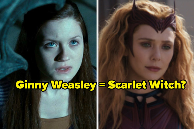 A close up of Ginny Weasley as she looks up at something and a close up of Wanda Maximoff as she wears a dark colored crown