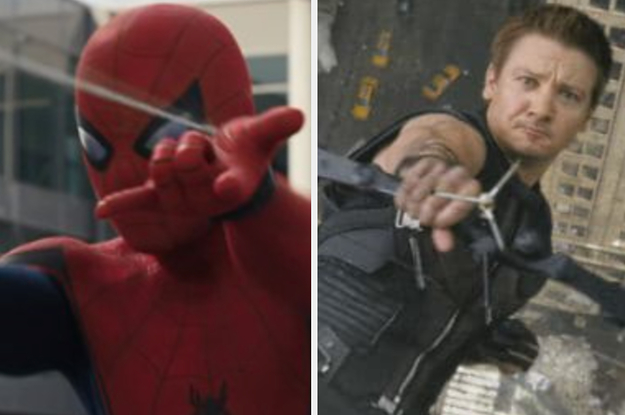 Spider-Man shoots web from his wrists and Hawkeye jumps off a building while holding a bow