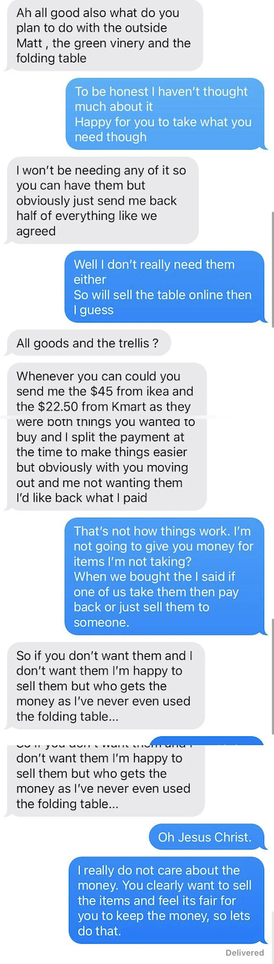 Text exchange about a roommate asking for half of the money for things they bought together