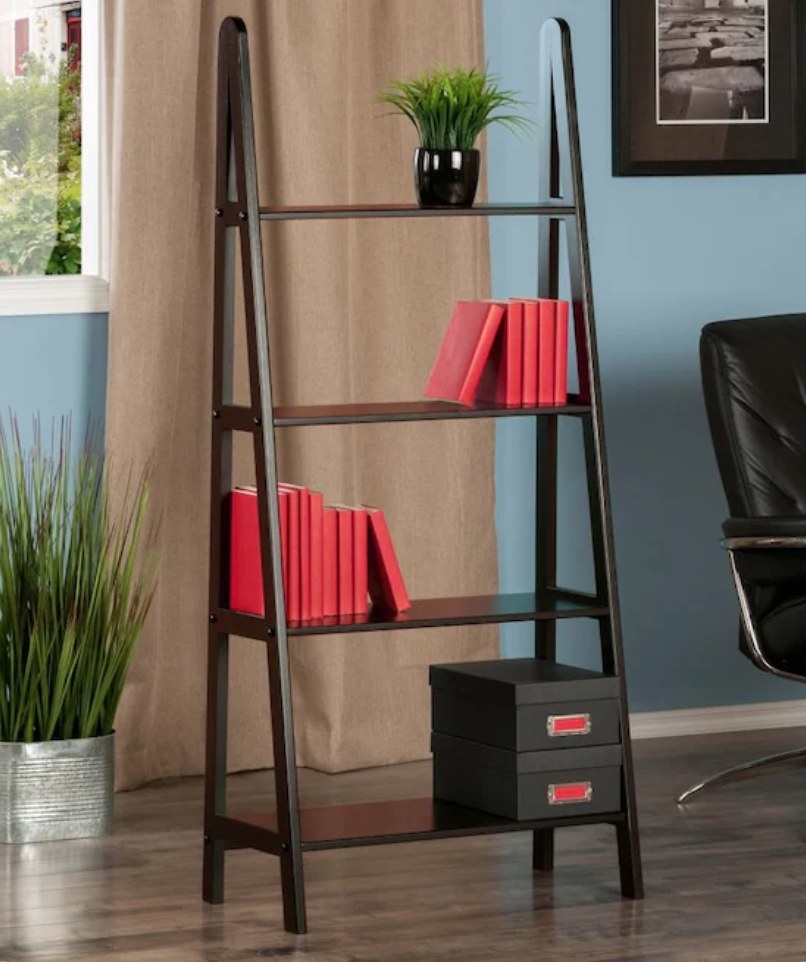 A dark brown, wooden four-tier ladder shelf