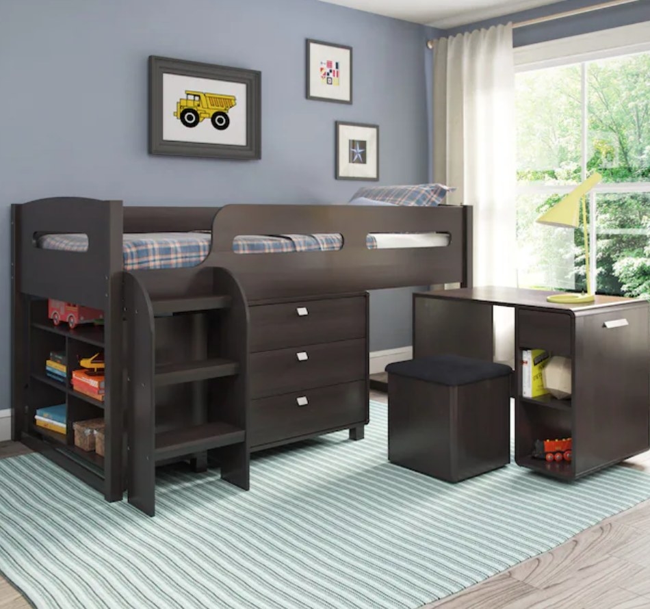 A twin loft bed with 3 drawers, 5 shelves and a pull out workspace
