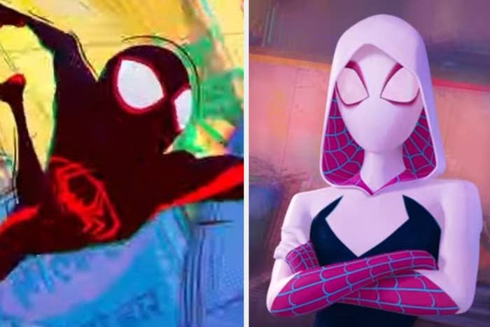 Miles swinging through a city in an alternate dimension in &quot;Spider-Man: Across the Spider Verse (Part One)&quot;/Gwen standing on the side of a building with her arms crossed in &quot;Spider-Man: Across the Spider-Verse (Part One)&quot;