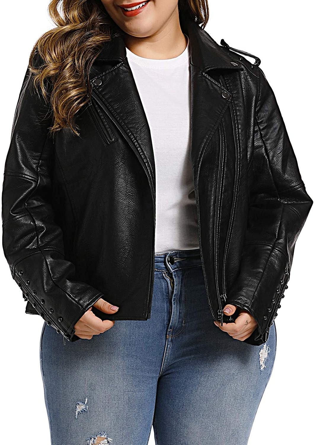 Model wearing the black faux leather jacket