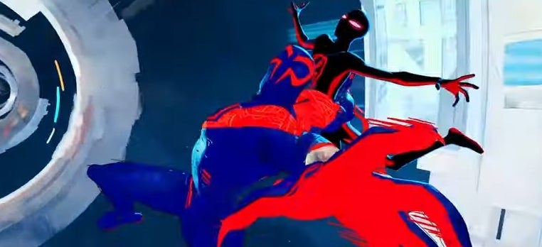 Miguel throwing Miles to the ground while in midair in Nueva York in &quot;Spider-Man: Across the Spider-Verse (Part One)&quot;