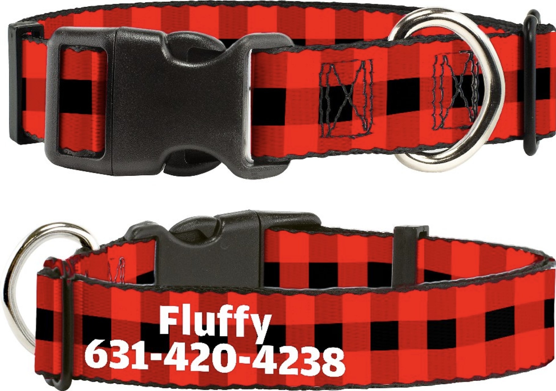 a red and black plaid collar with an example name and number
