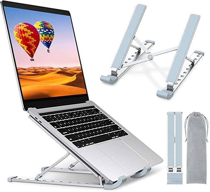 An adjustable laptop stand is shown holding up a large laptop, and a smaller photo showing the stand without anything on it