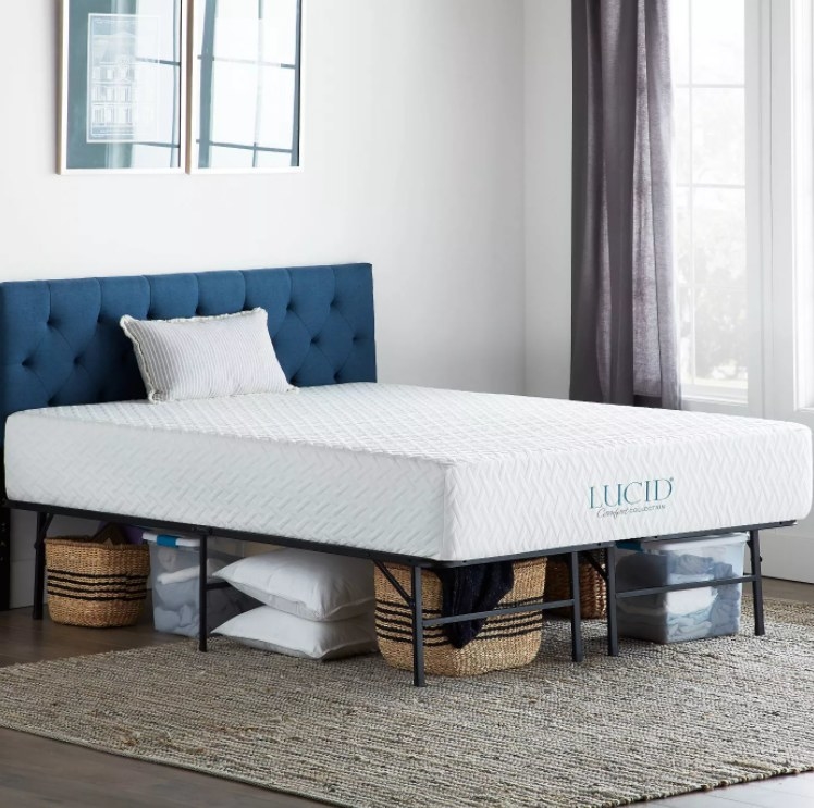 An image of a foldable platform bed frame available in sizes Twin—California King