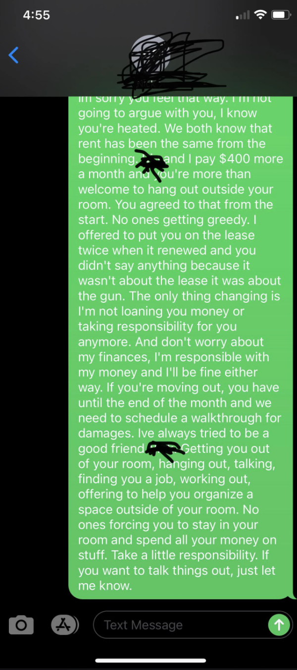 Text exchange about a bad roomie owing a good roomie money, late on payments because he&#x27;s unemployed, late on rent payment, good roomie making peace with him, part five