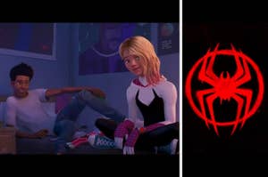 Miles sitting on his bed with Gwen in "Spider-Man: Across the Spider-Verse"/Miles's Spider-Man symbol on-screen in the trailer for "Spider-Man: Across the Spider-Verse (Part One)"