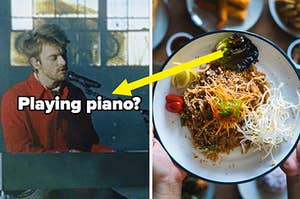 Finneas plays the piano while singing and an overhead shot of a plate of Pad Thai