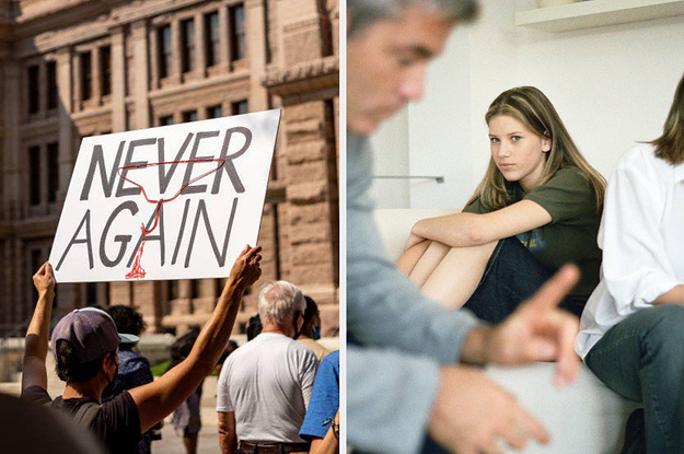 people protesting heartbeat bill and teenager next to arguing parents