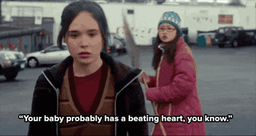 classmate at abortion clinic telling Juno her baby has fingernails, a beating heart, and can feel pain in the movie Juno