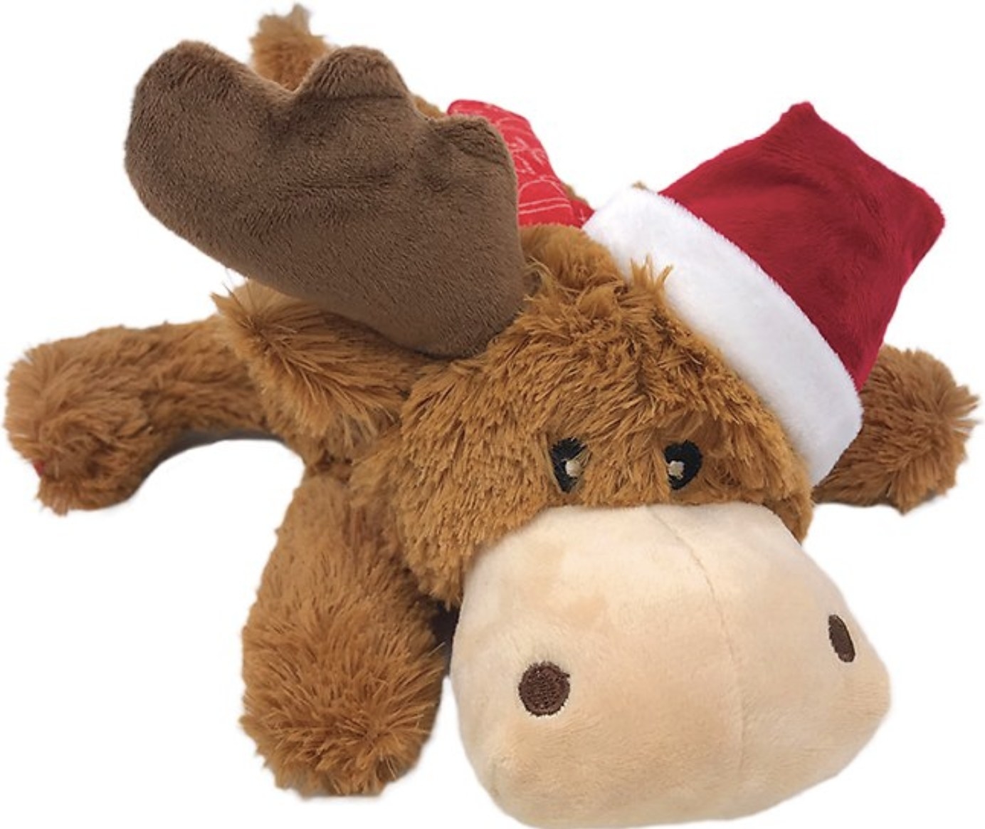 a reindeer stuffed toy wearing a santa hat