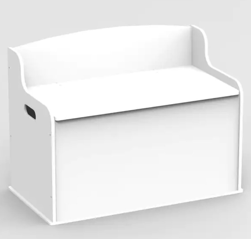 A white toy box with a bench atop and handles on the side