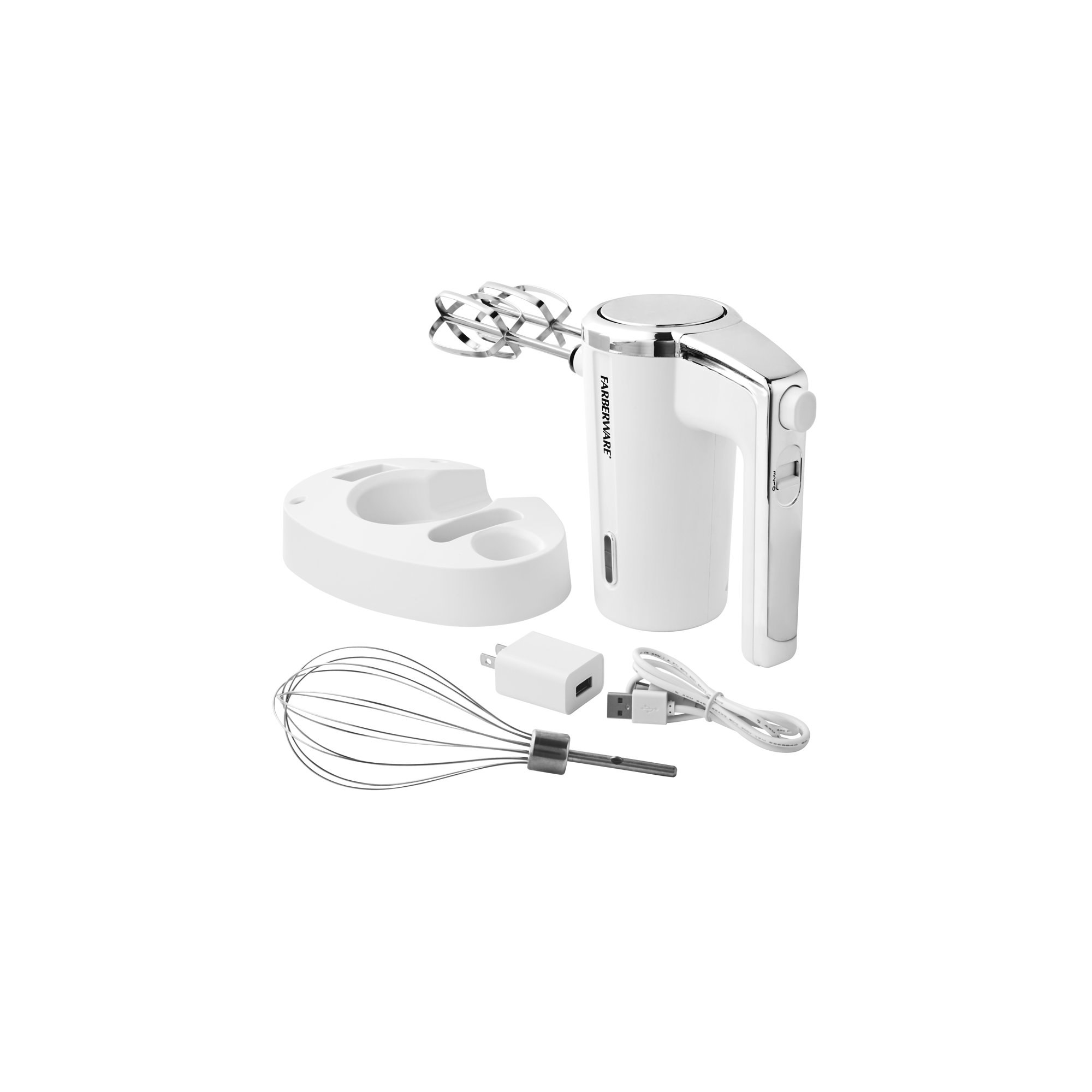 Product shot of a hand mixer and its attachments and minimal equipment
