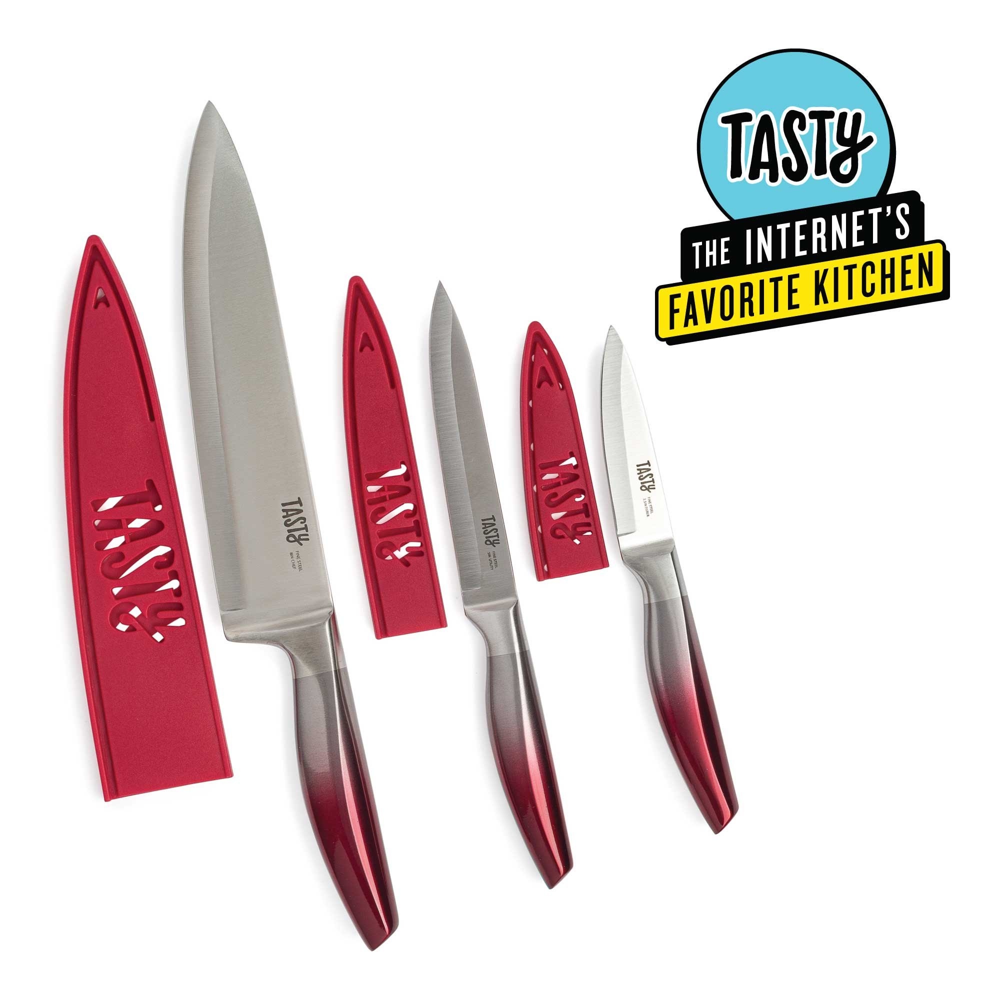 Product shot of a chef&#x27;s knife, a utility knife, and a paring knife laid out side by side with their protective blade covers displayed beside each