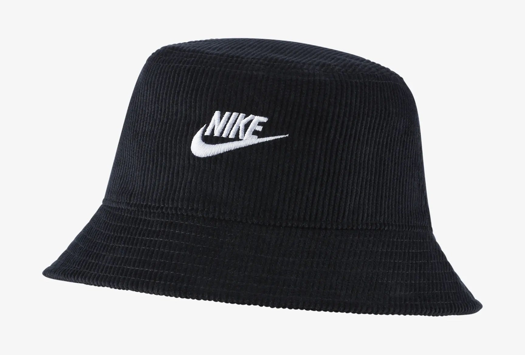 A black textured bucket hat with logo