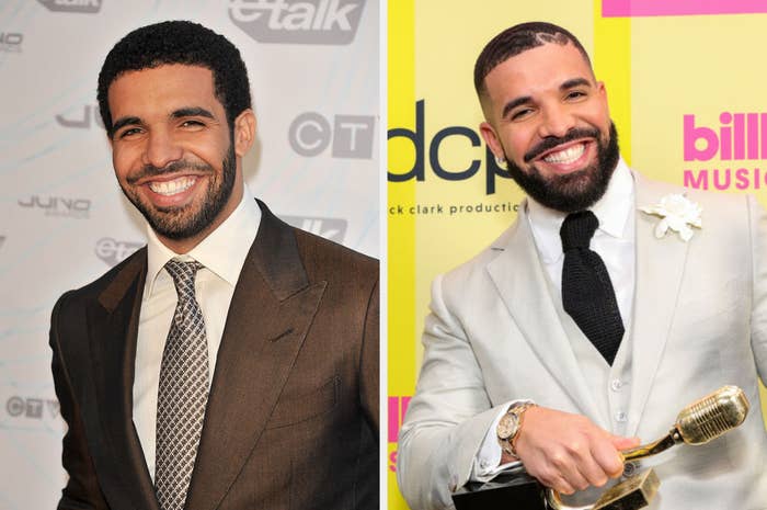 Drake posing for a photo at the 2011 Juno Awards, Drake posing with his Billboard Music awards in 2021