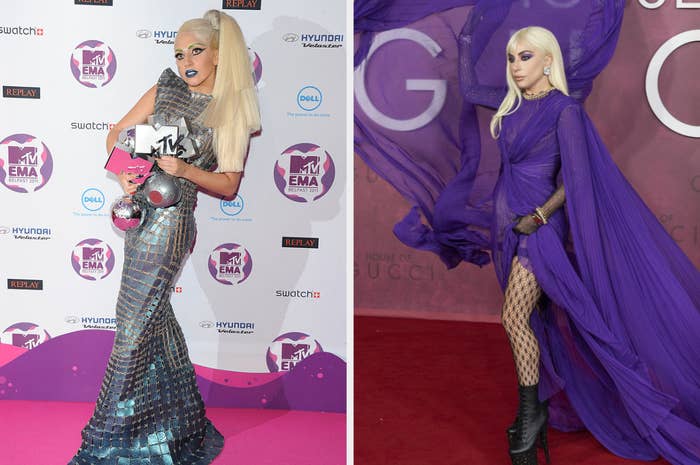 Lady Gaga posing with her awards at the 2011 EMAs, Lady Gaga posing for the House of Gucci premiere