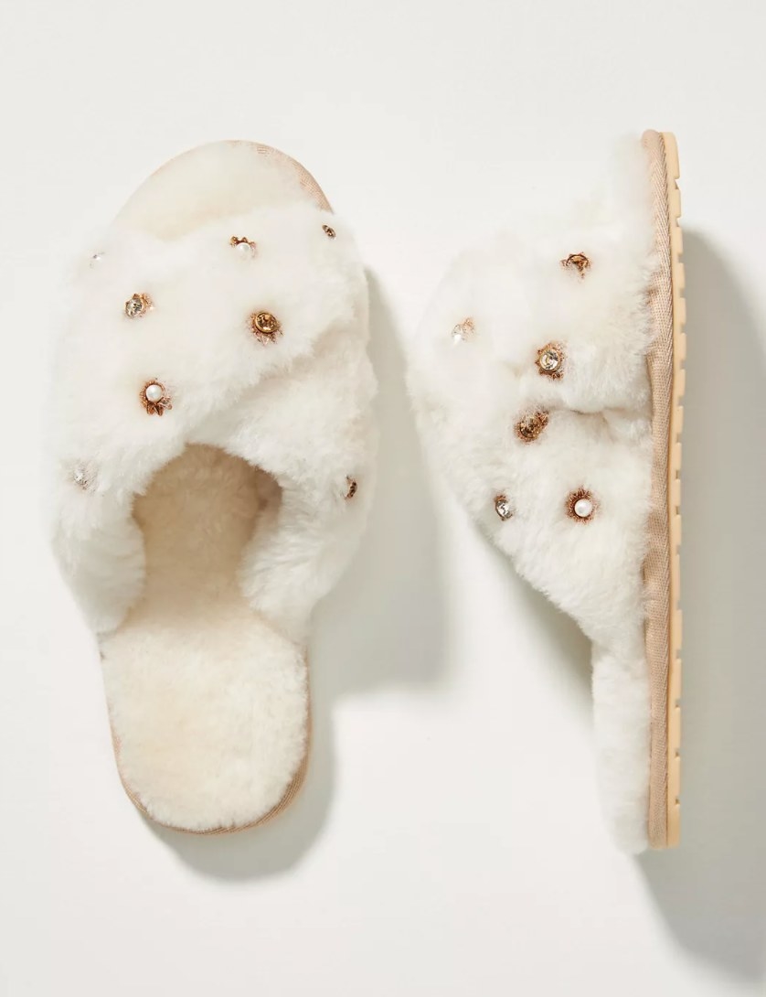 Cream-colored fur slippers