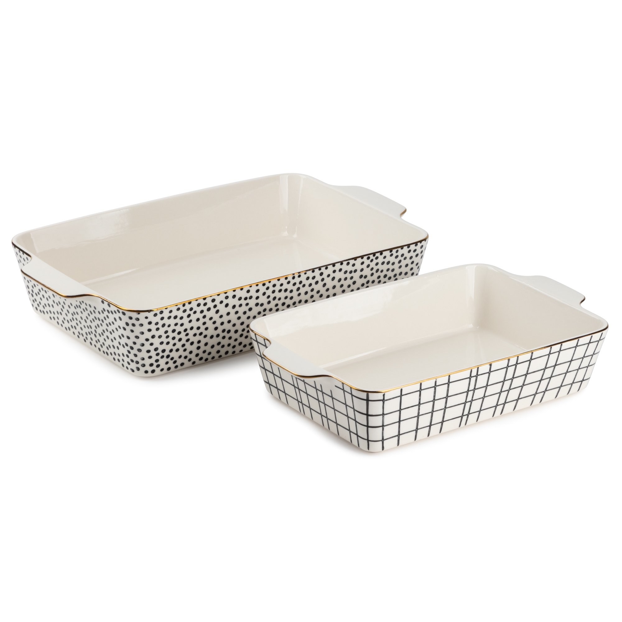 A gold-rimmed, dotted casserole dish measuring 13&quot; x 9&quot; sits behind a complementary gold-rimmed, cross-lined casserole dish measuring 10.2&quot; x 7.2&quot;