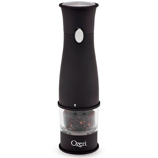 An Ozeri brand electric pepper mill and grinder sits upright